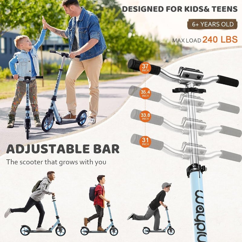 WAYPLUS Kick Scooter for Ages 6+,Kid, Teens & Adults. Max Load 240 LBS. Foldable, Lightweight, 8IN Big Wheels for Kids, Teen and Adults, 4 Adjustable Levels. Bearing ABEC9 - Image 3